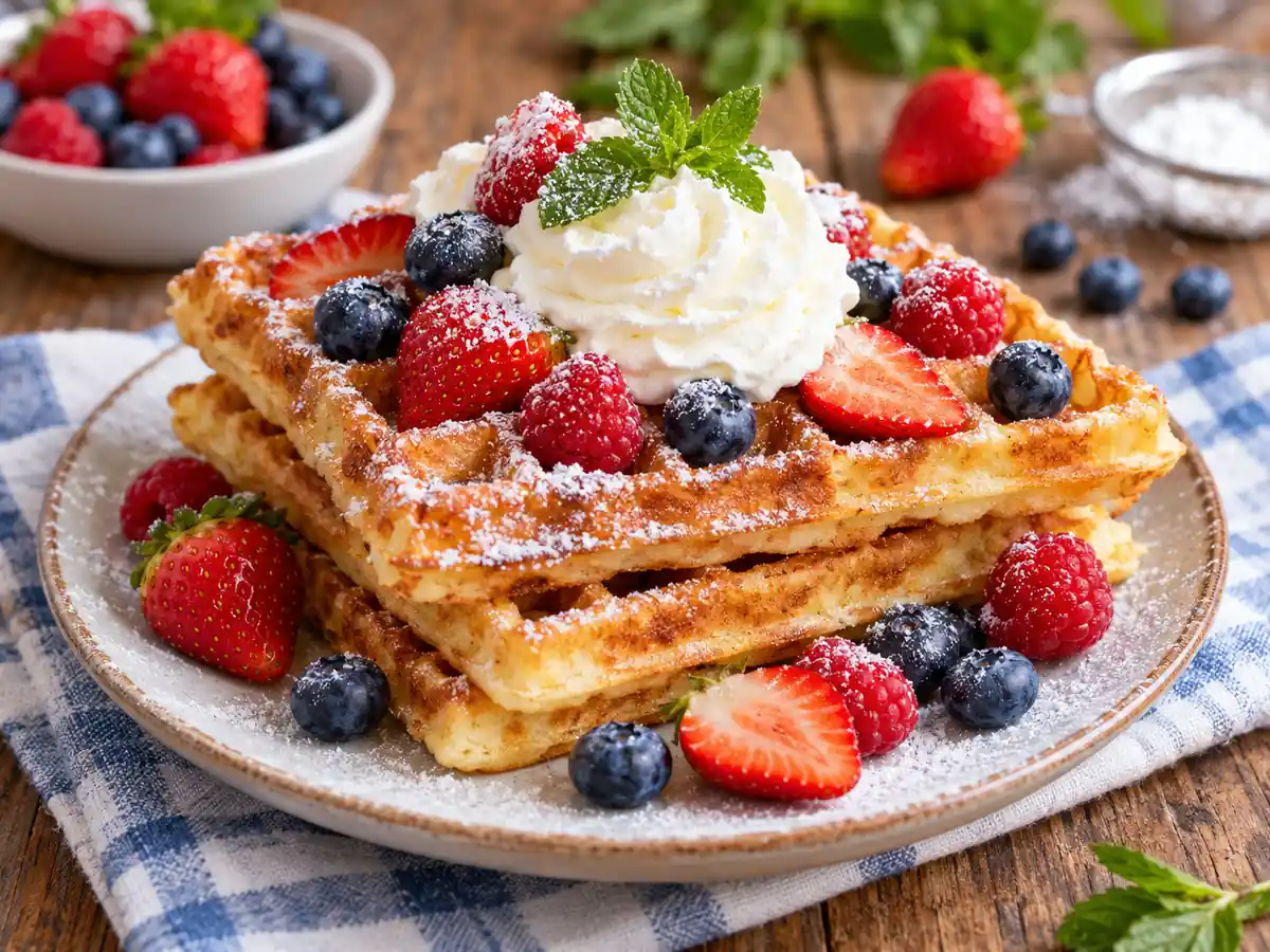 Belgian waffles with berries and whipped cream