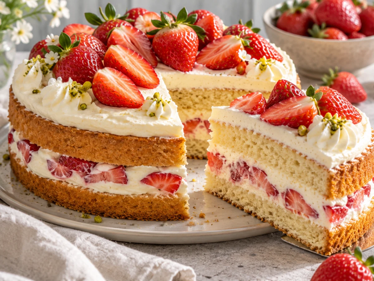 Strawberry layer cake with vanilla cream