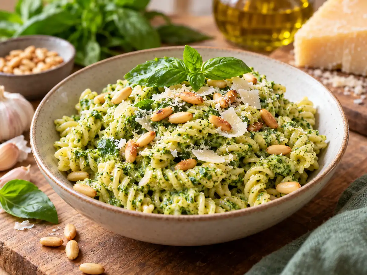 Fusilli with fresh basil pesto and pine nuts
