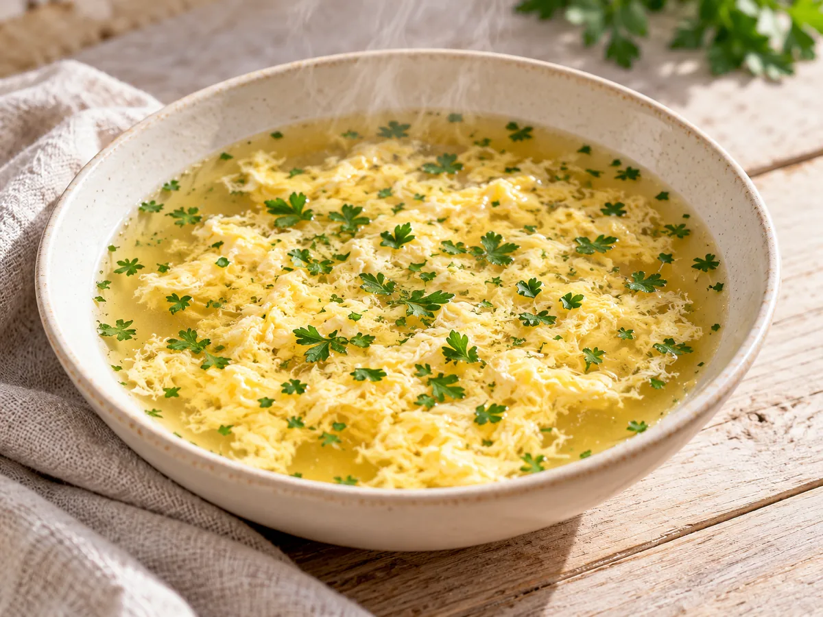 Italian stracciatella soup with egg and Parmesan