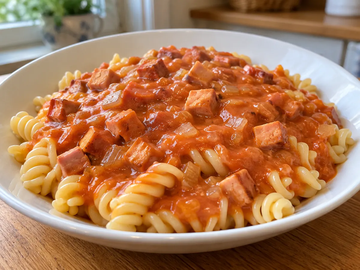 East German pasta with tomato sauce and Jagdwurst