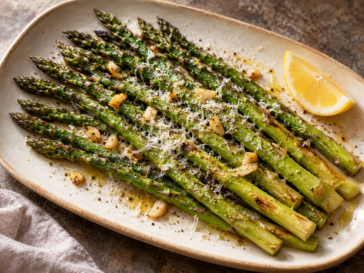 Oven-roasted green asparagus with garlic, Parmesan and lemon
