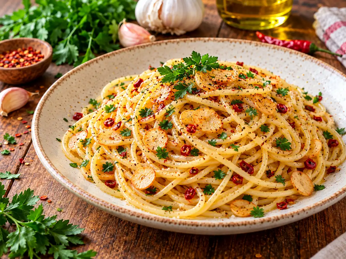 Spaghetti aglio, olio e peperoncino with parsley